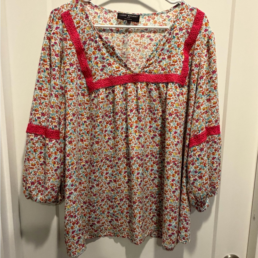 Lane Bryant Multicolor Floral Blouse with Pink Trim